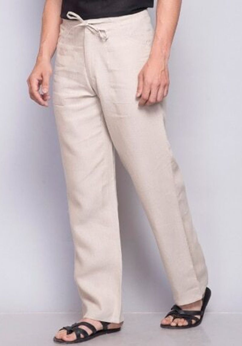 Beige Linen Casual Men Pant